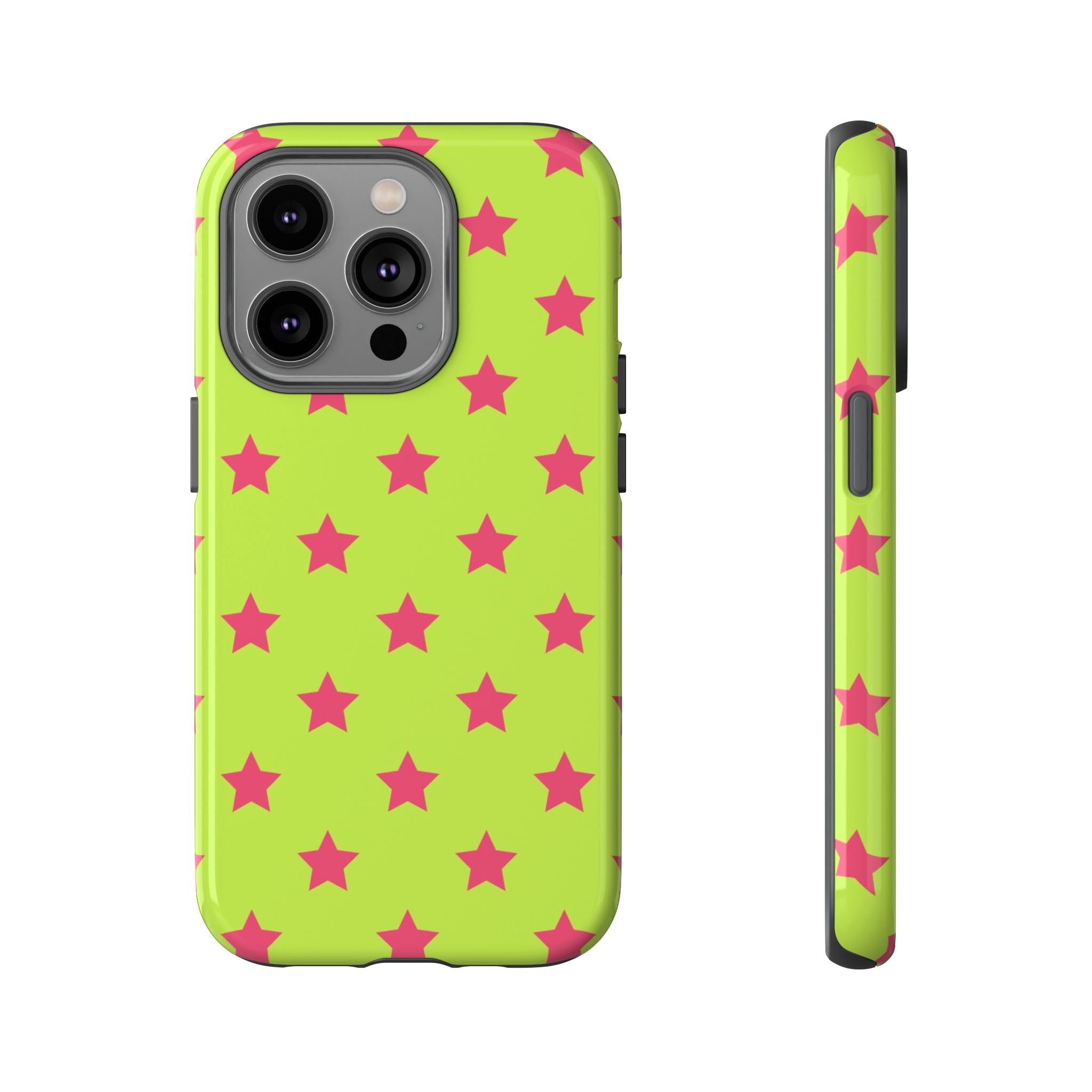 Star Pattern Tough Phone Case — Neon Green & Pink Protective Cover