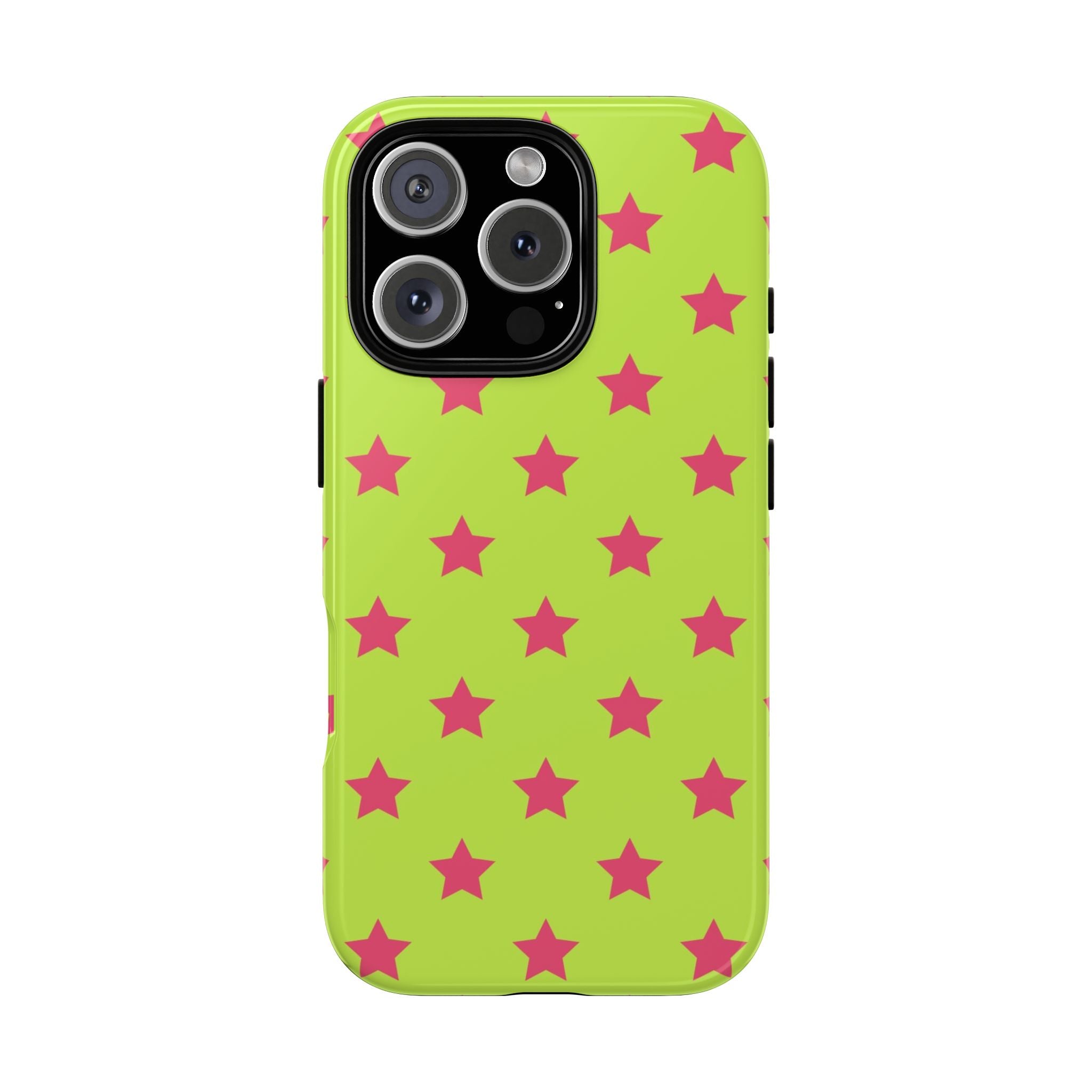 Star Pattern Tough Phone Case — Neon Green & Pink Protective Cover